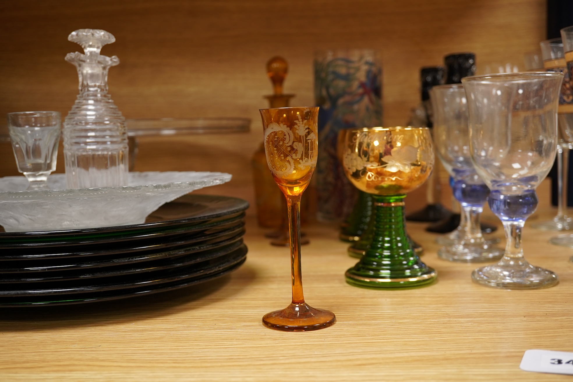 A quantity of 20th century coloured and clear glassware together with a mid 18th century Silesian stem glass tazza, largest 33cm in diameter